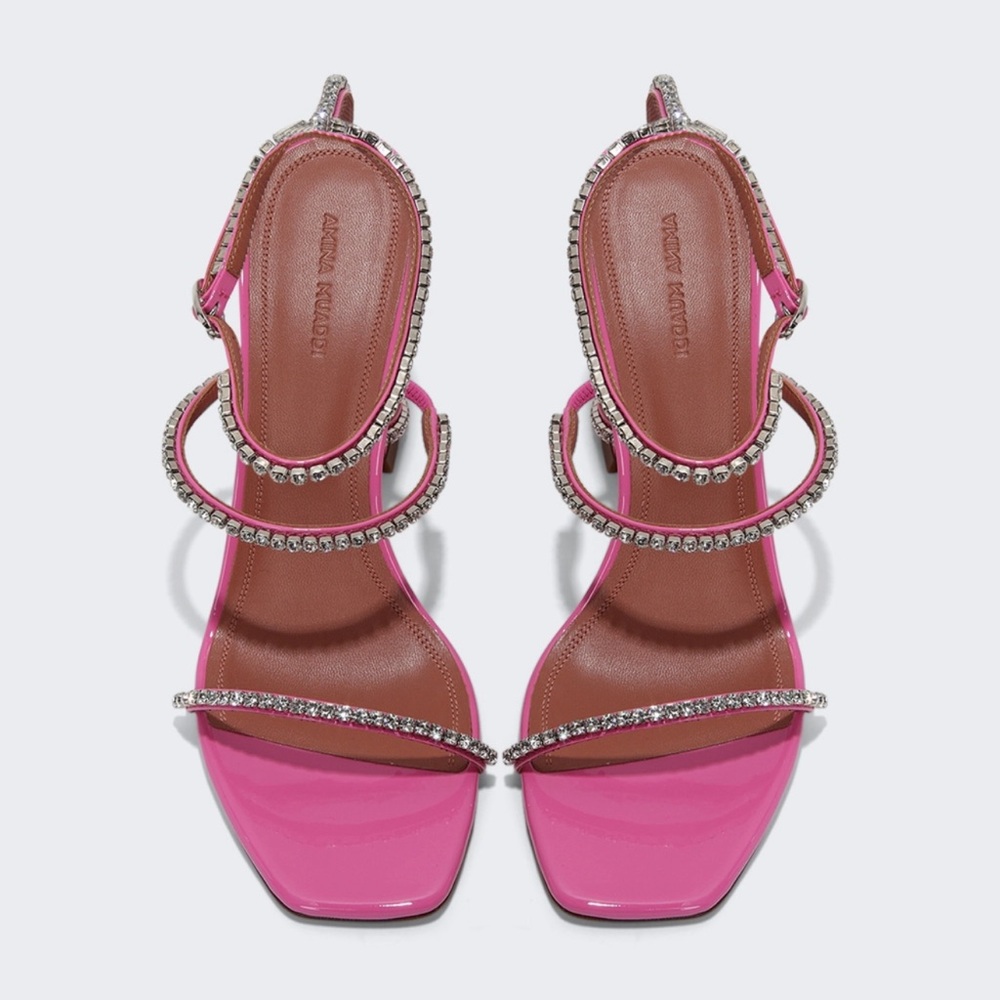 WORN ONCE - AMINA MUADDI - GILDA HEEL SANDAL - FUCHSIA PATENTED LEATHER